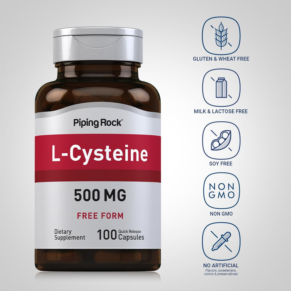 Piping Rock L-Cysteine 500 mg label close-up highlighting non-GMO and gluten-free.