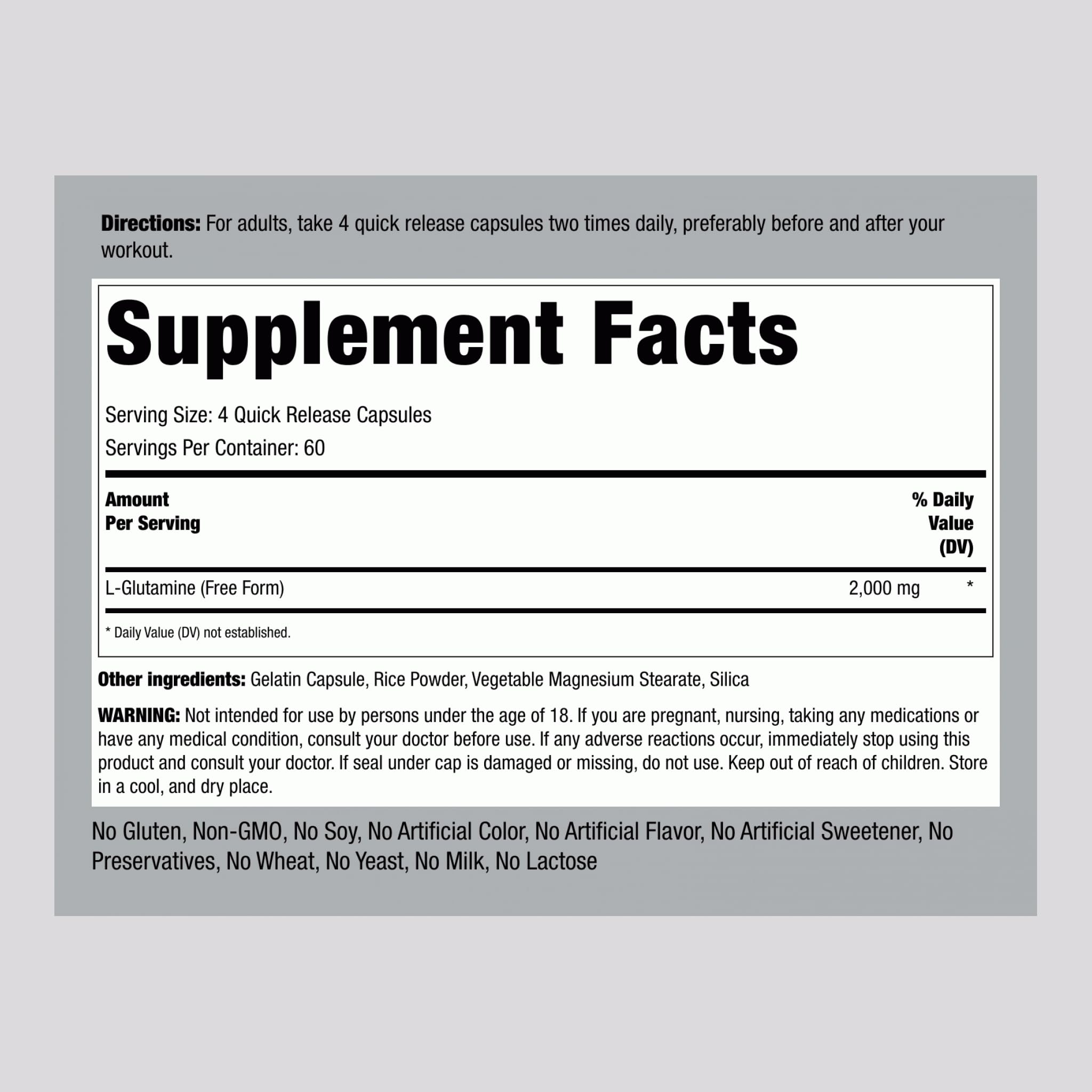 Piping Rock L-Glutamine capsules close-up highlighting convenient capsule form.