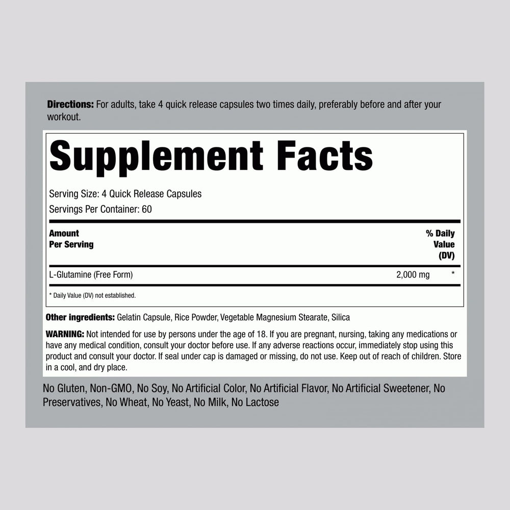Piping Rock L-Glutamine capsules close-up highlighting convenient capsule form.