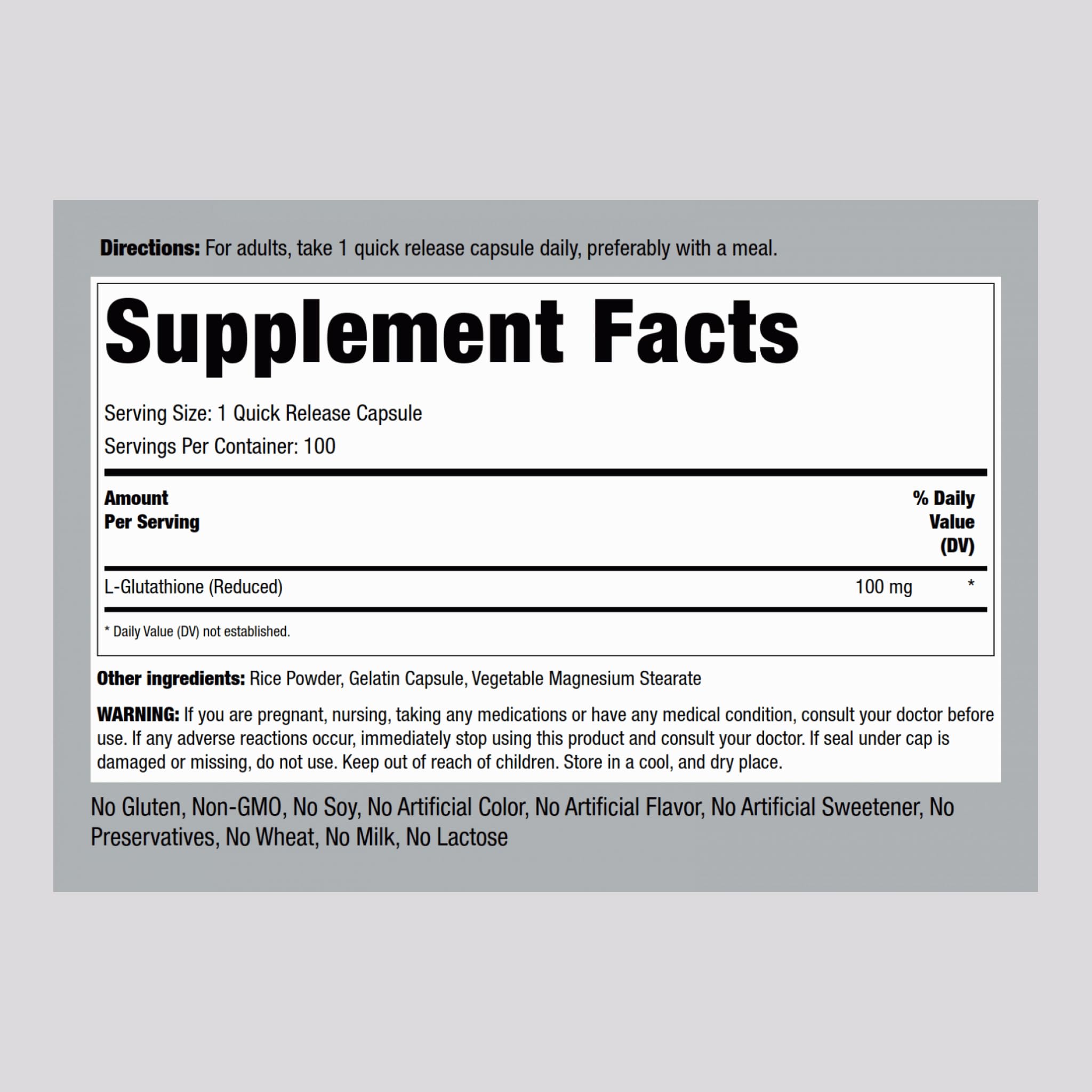 Piping Rock L-Glutathione bottle label showing 100 mg capsules
