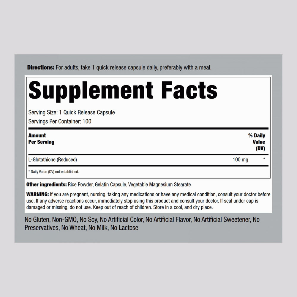 Piping Rock L-Glutathione bottle label showing 100 mg capsules