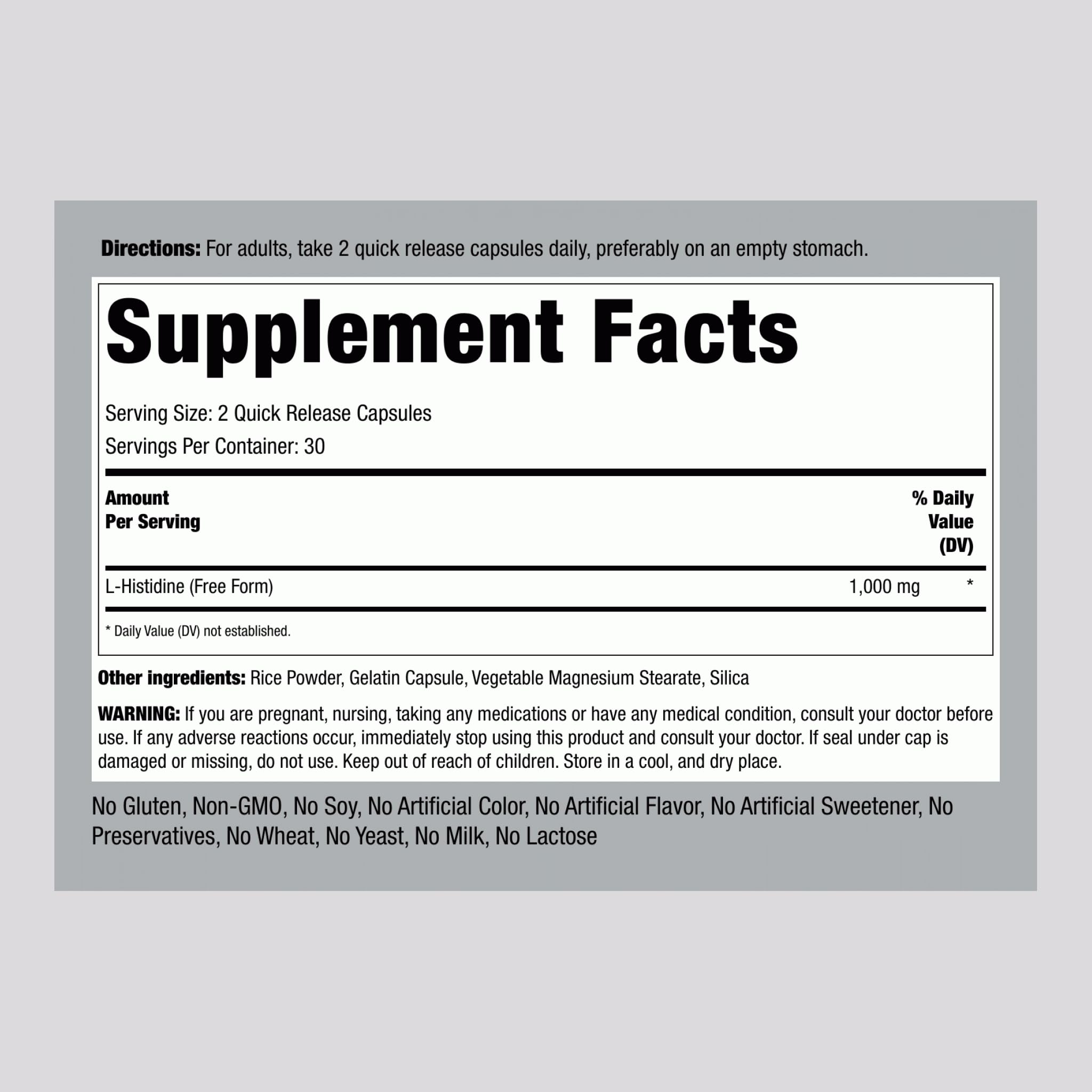 Piping Rock L-Histidine 1000 mg bottle label close-up shows clean ingredients