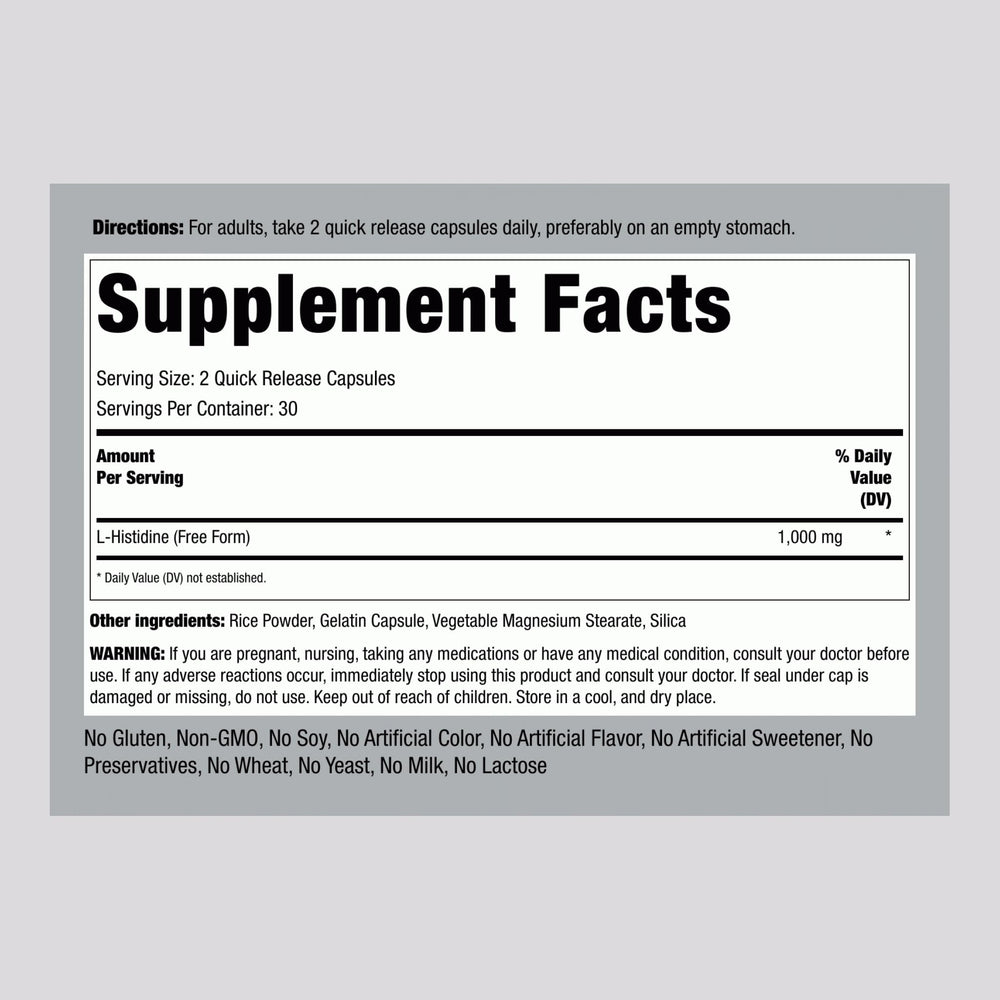 Piping Rock L-Histidine 1000 mg bottle label close-up shows clean ingredients