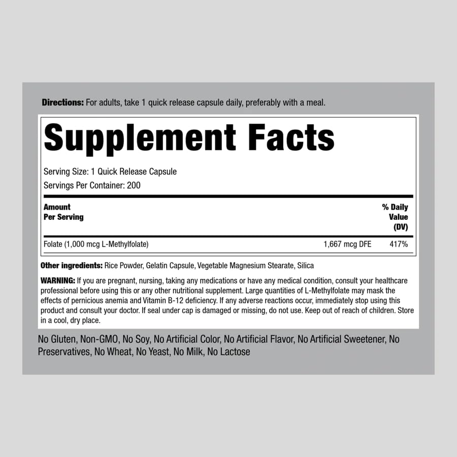 Piping Rock L-Methylfolate 1000 mcg bottle cap emphasizing dosage accessibility.