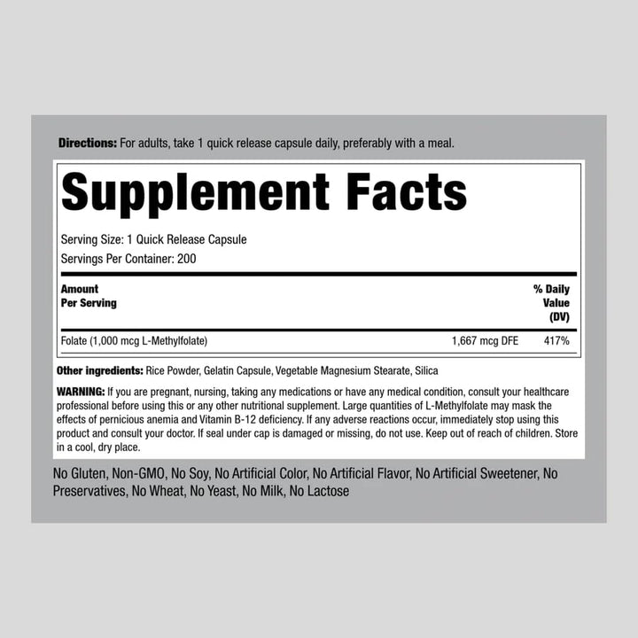 Piping Rock L-Methylfolate 1000 mcg bottle cap emphasizing dosage accessibility.