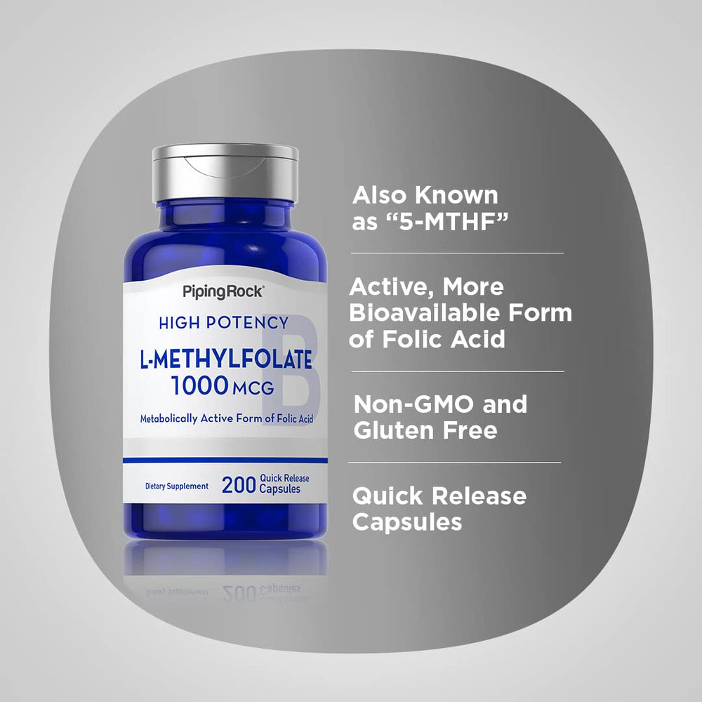 Piping Rock L-Methylfolate capsules arranged in a row.