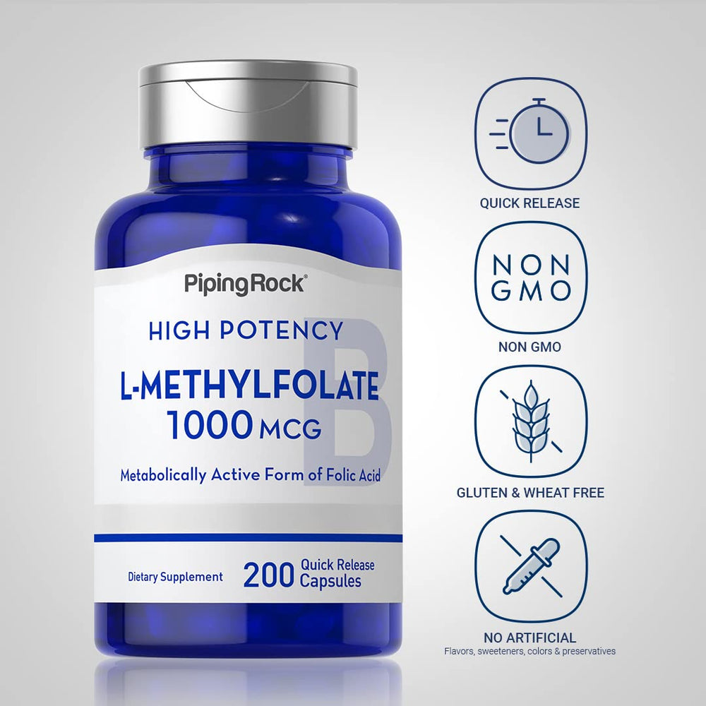 Piping Rock L-Methylfolate 1000 mcg label close-up shows product details.