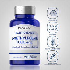 Piping Rock L-Methylfolate 1000 mcg label close-up shows product details.