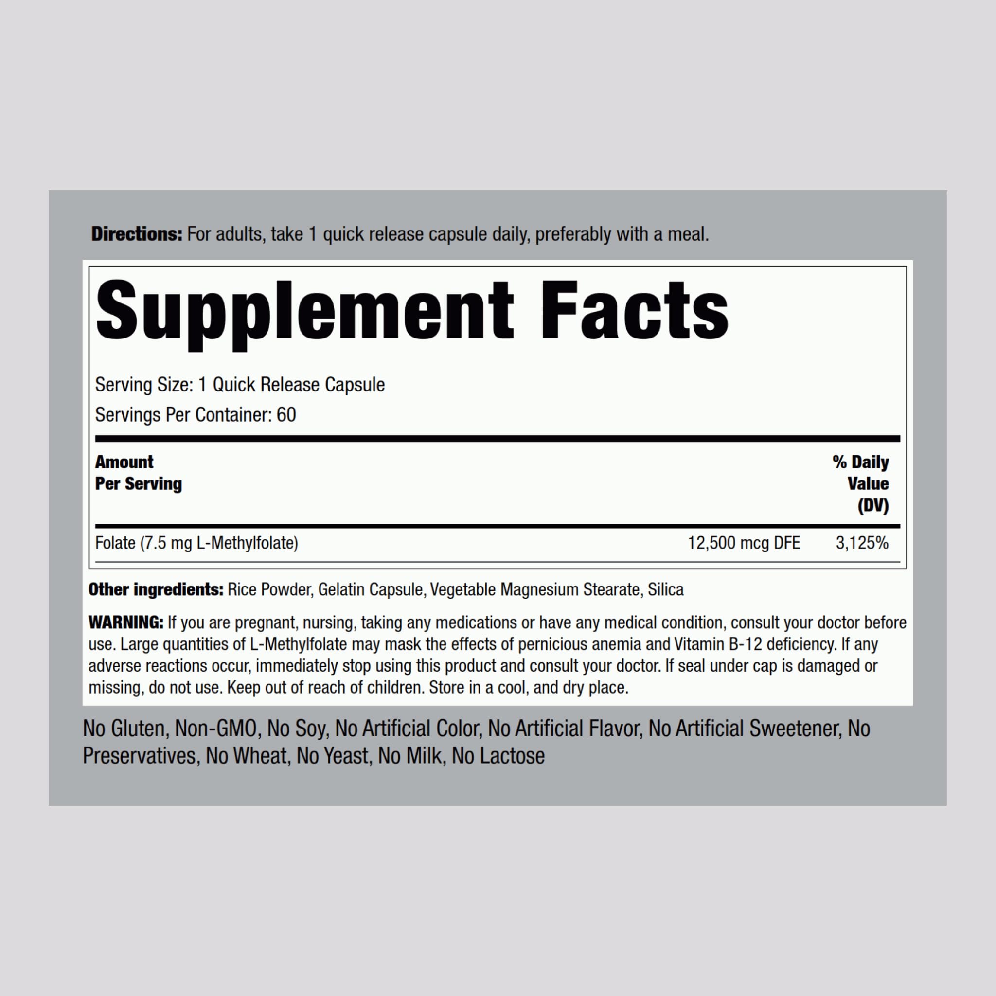 Piping Rock L-Methylfolate 7.5 mg capsules close-up showing small, easy-to-swallow tablets.