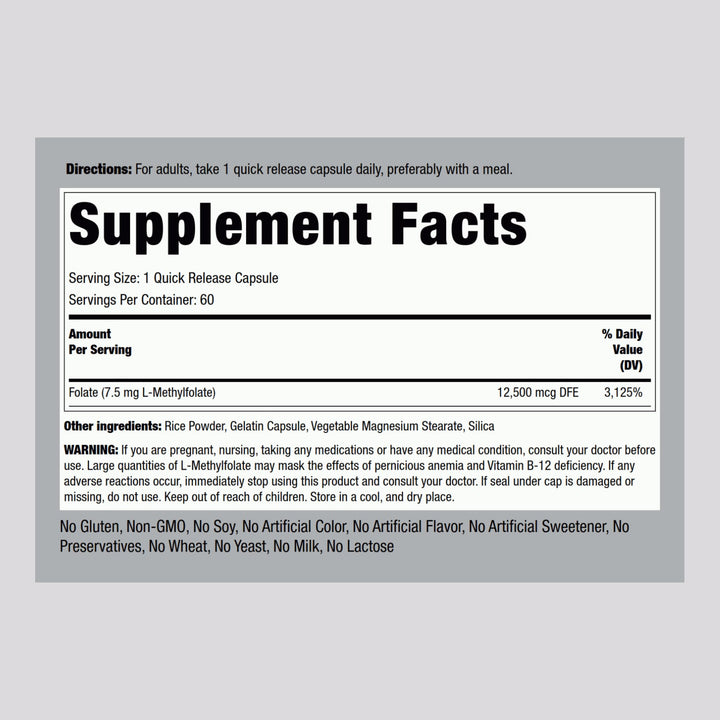 Piping Rock L-Methylfolate 7.5 mg capsules close-up showing small, easy-to-swallow tablets.