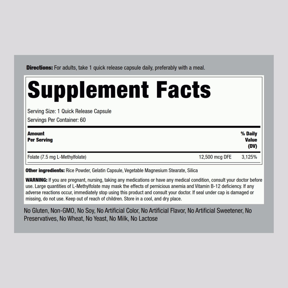 Piping Rock L-Methylfolate 7.5 mg capsules close-up showing small, easy-to-swallow tablets.