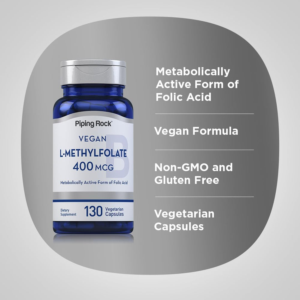 Piping Rock L-Methylfolate capsule overhead view for easy dosing.