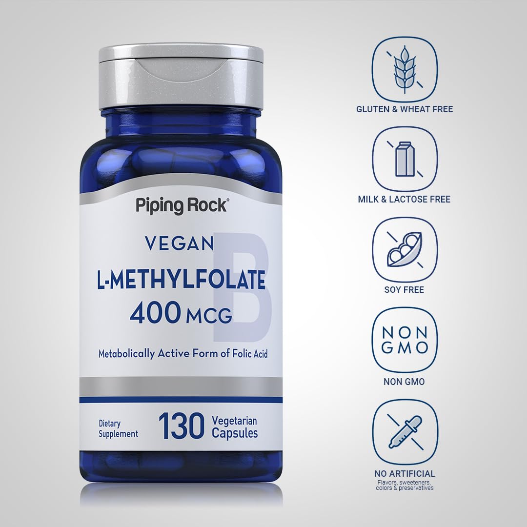 Piping Rock L-Methylfolate bottle with 2-pack value.