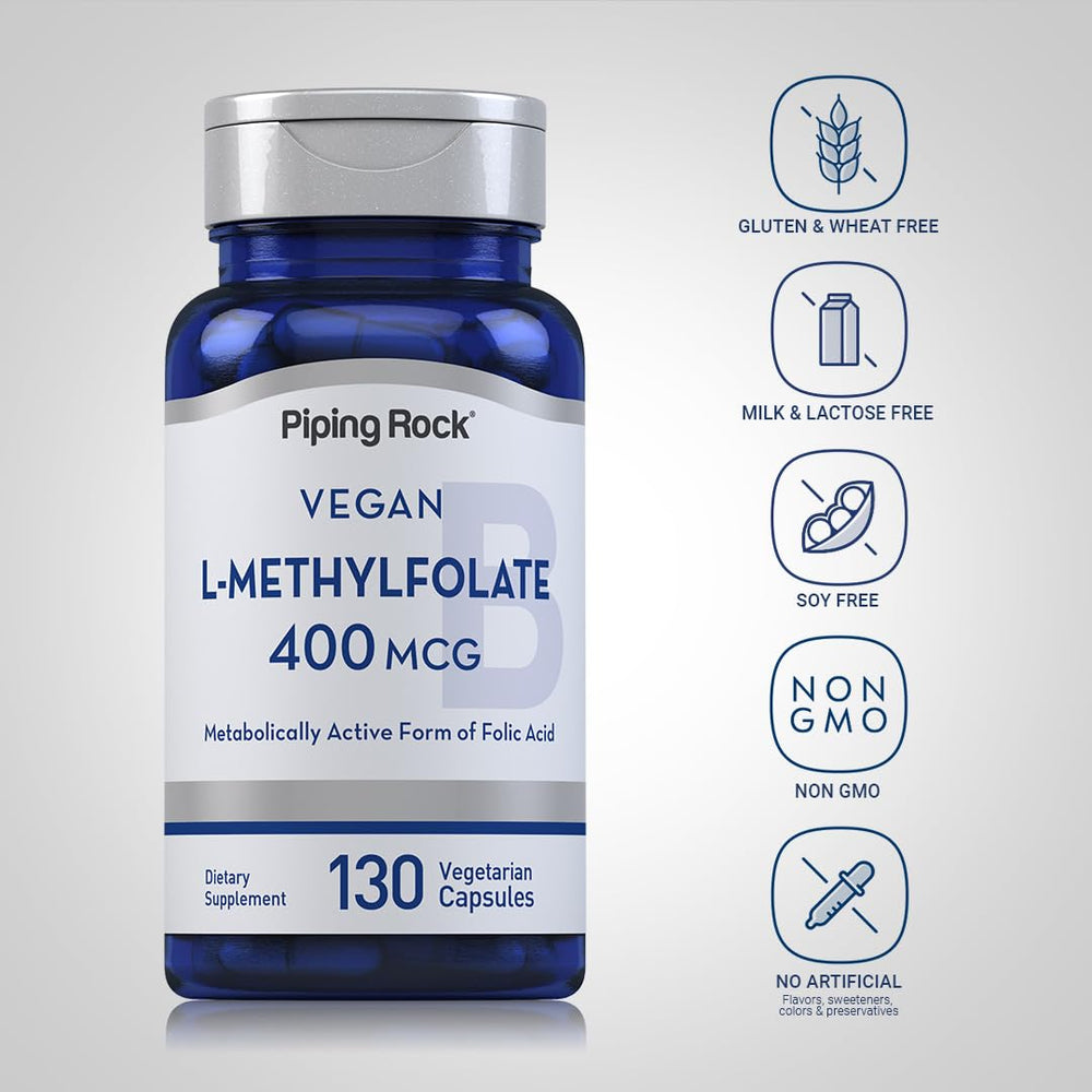 Piping Rock L-Methylfolate bottle with 2-pack value.