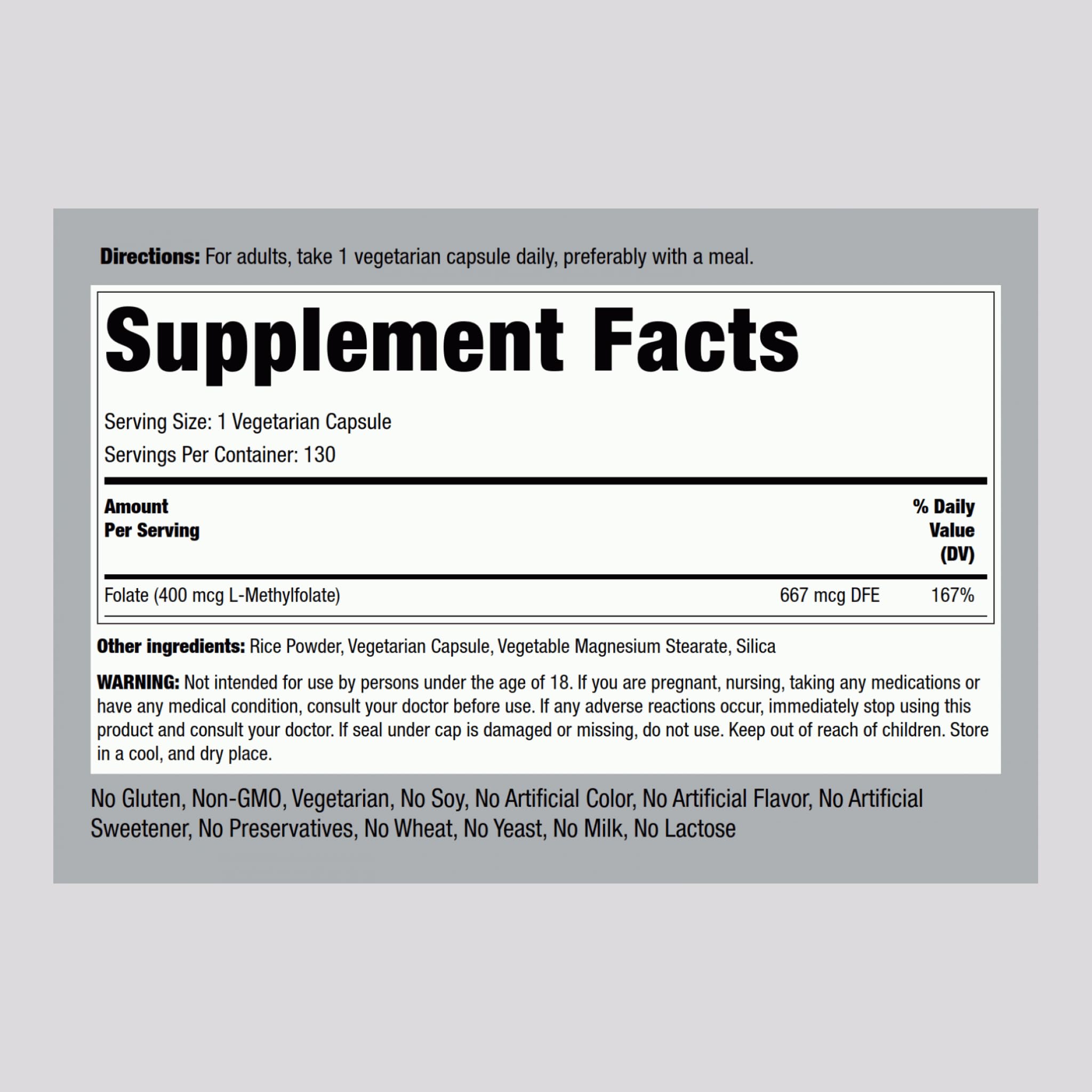 Piping Rock L-Methylfolate capsules close-up highlighting vegetarian formula.