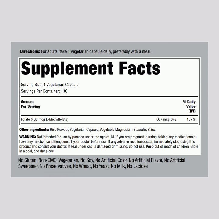 Piping Rock L-Methylfolate capsules close-up highlighting vegetarian formula.