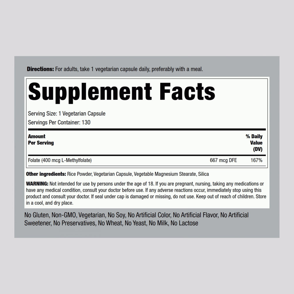 Piping Rock L-Methylfolate capsules close-up highlighting vegetarian formula.
