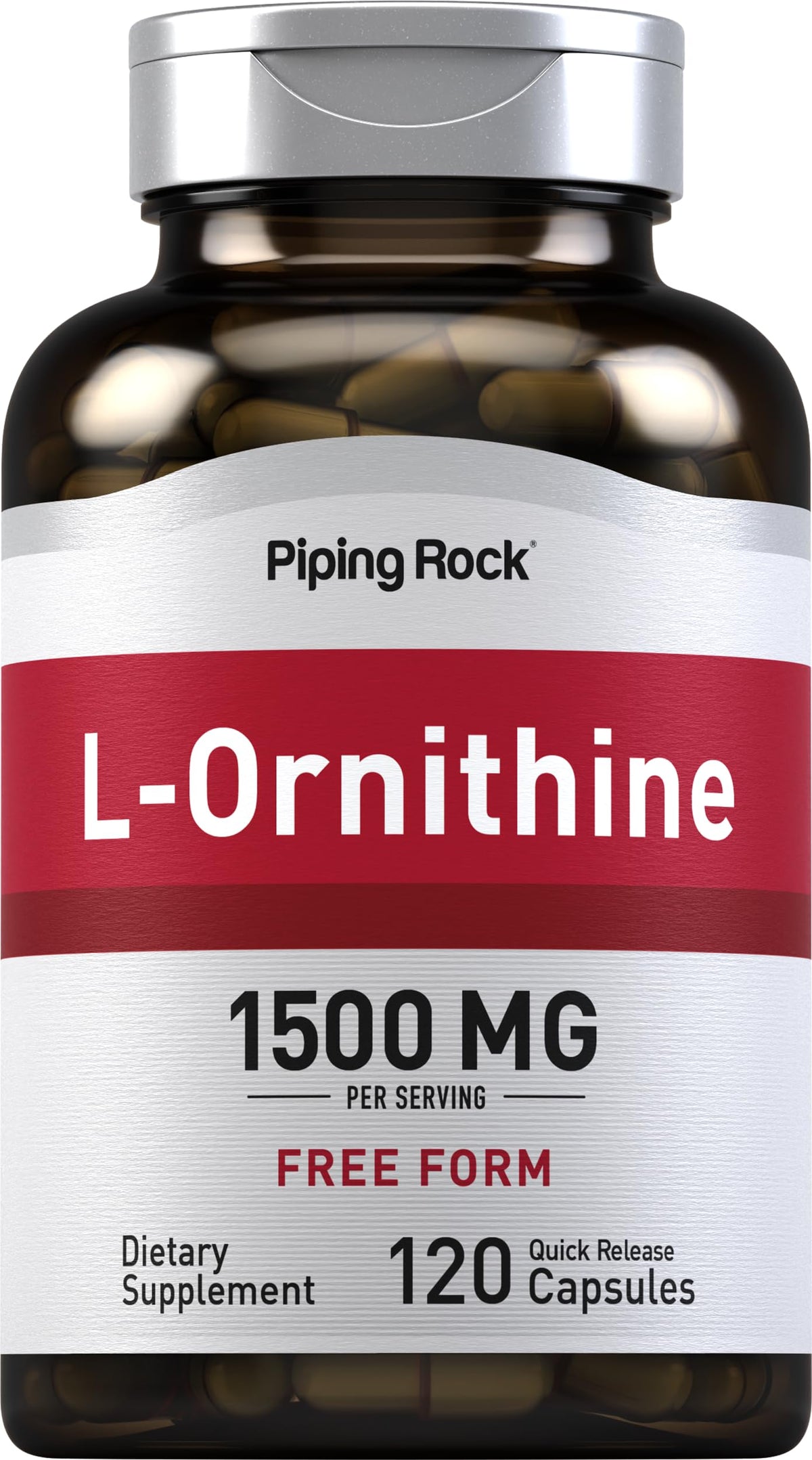 Piping Rock L-Ornithine bottle with 1500 mg capsules for daily support.