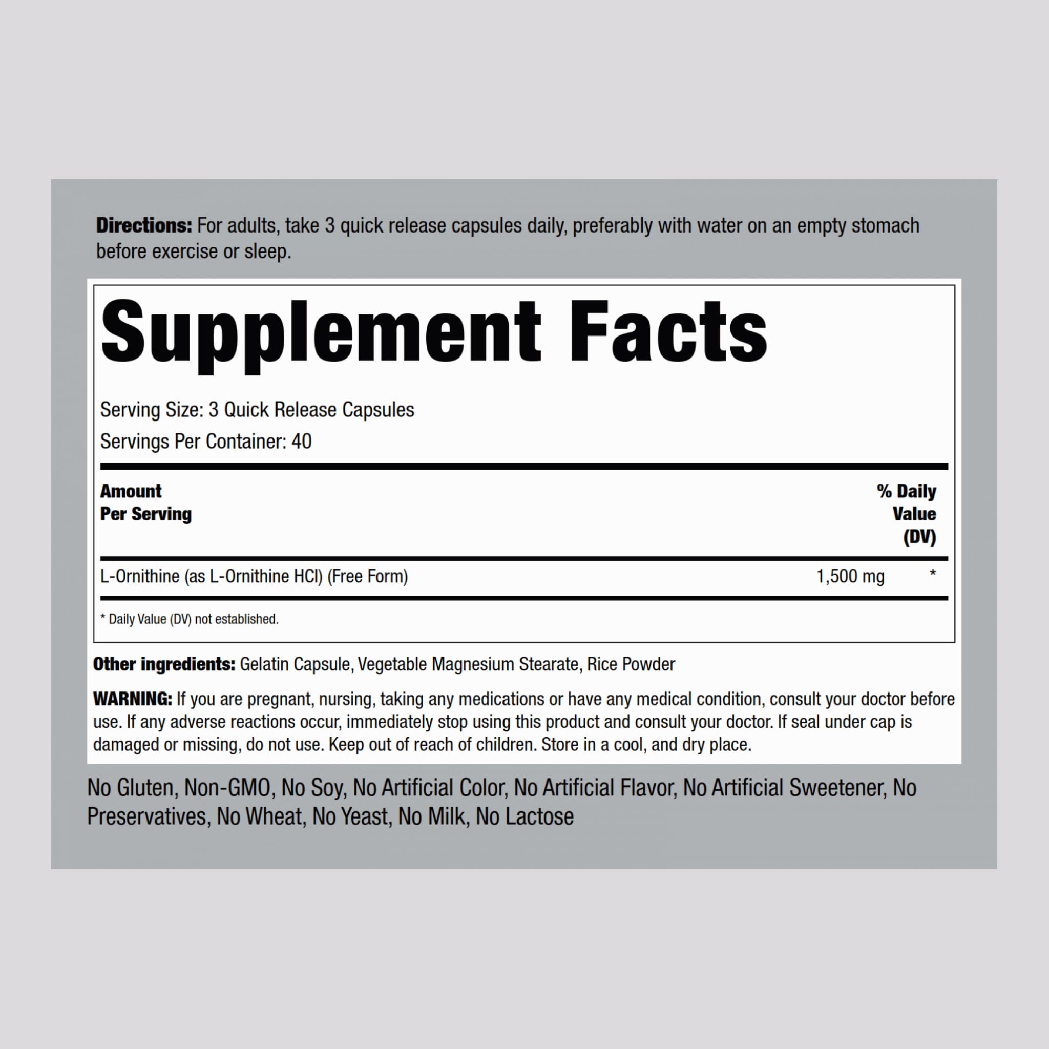 Piping Rock L-Ornithine capsules shown for quick-release convenience.