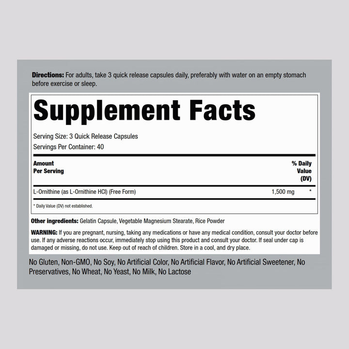 Piping Rock L-Ornithine capsules shown for quick-release convenience.