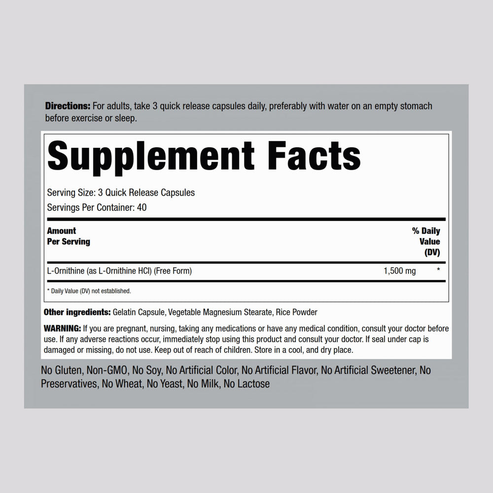 Piping Rock L-Ornithine capsules shown for quick-release convenience.