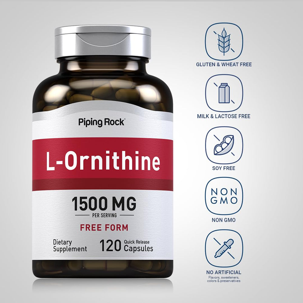 Piping Rock L-Ornithine supplement label with dosage and free-form HCl.