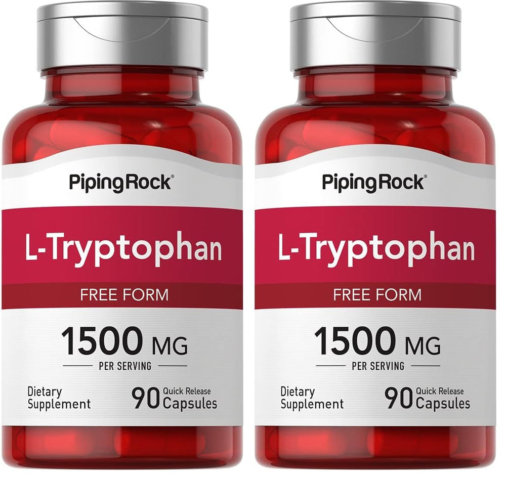 Piping Rock L-Tryptophan 1500mg bottle front view, easy daily capsules.