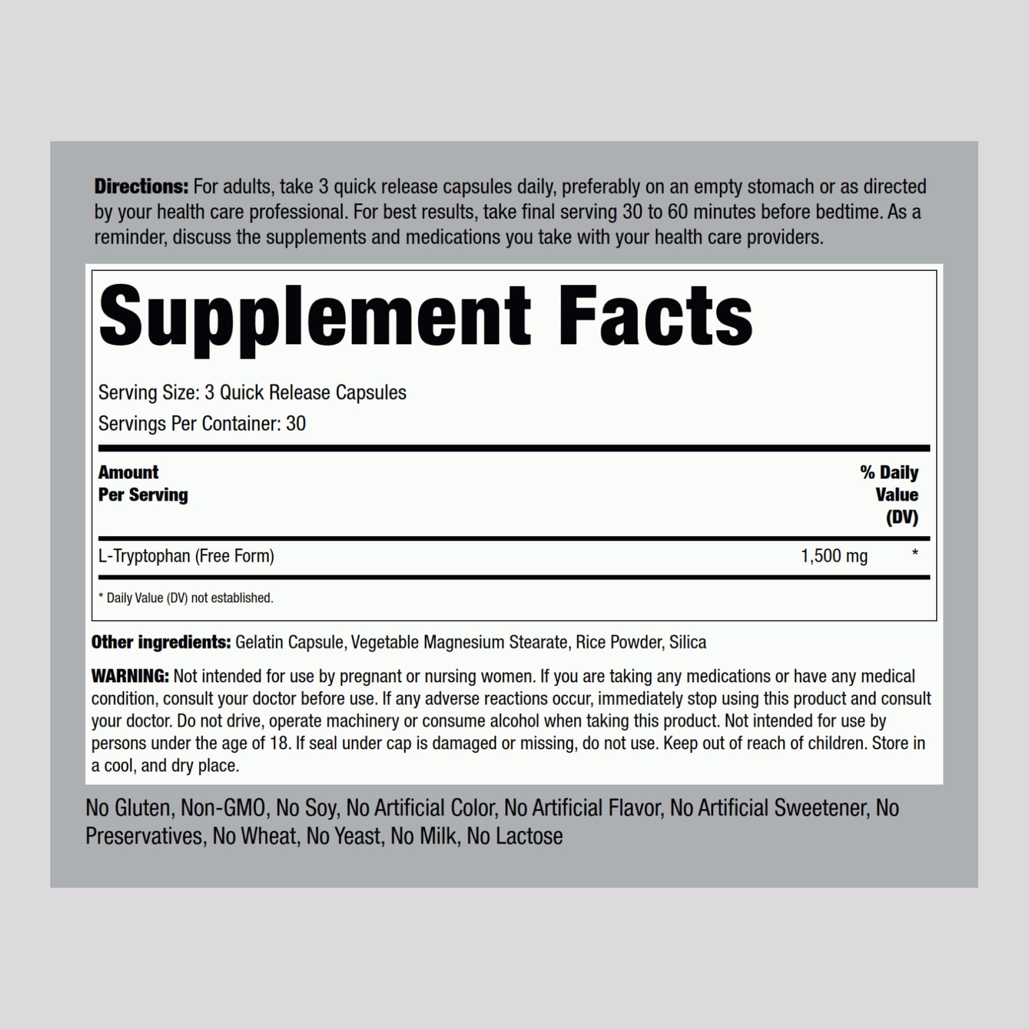 Piping Rock L-Tryptophan 1500mg capsules close-up, easy-to-swallow daily capsules.