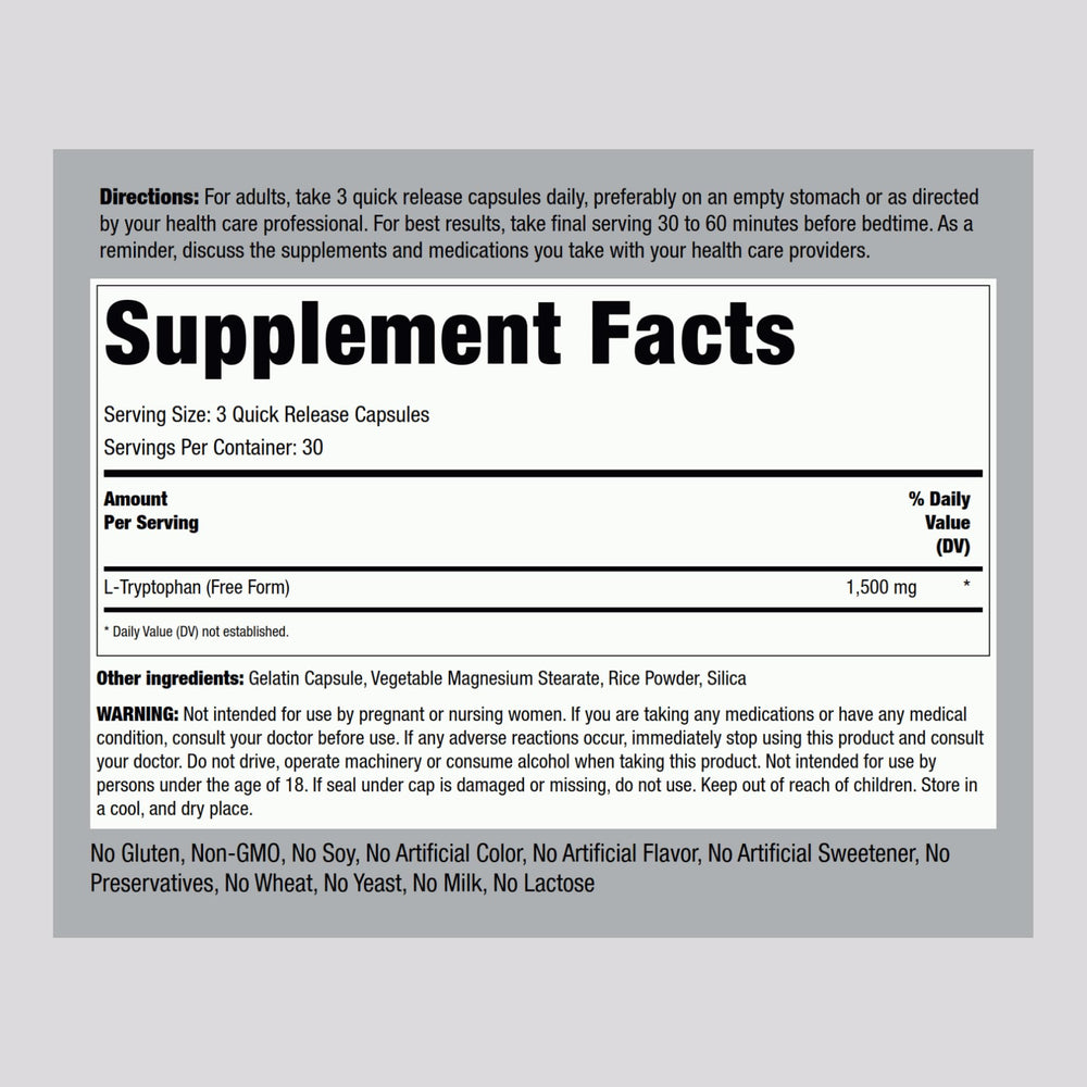 Piping Rock L-Tryptophan 1500mg capsules close-up, easy-to-swallow daily capsules.