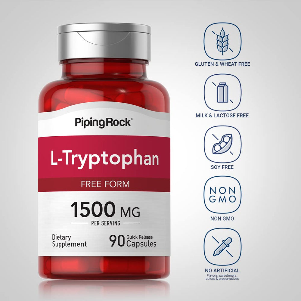 Piping Rock L-Tryptophan 1500mg label detail, clear product information.