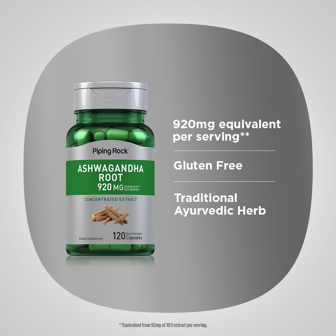 Piping Rock Ashwagandha label highlighting non-GMO and gluten-free formula.