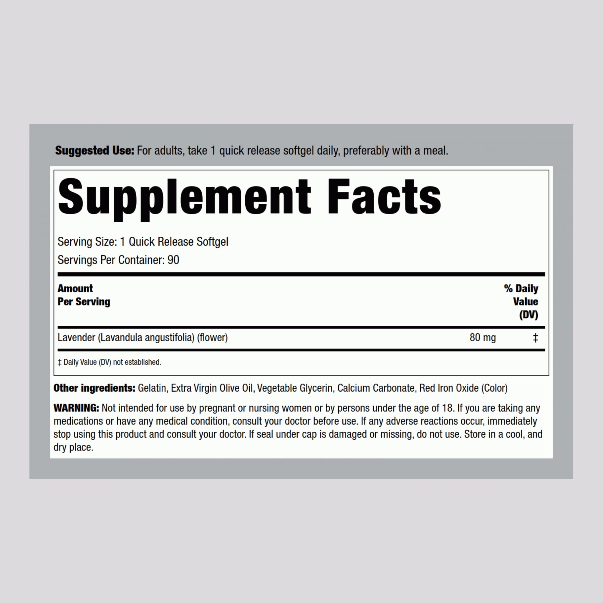 Piping Rock Lavender Calm Pill label displaying ingredients and purity notes