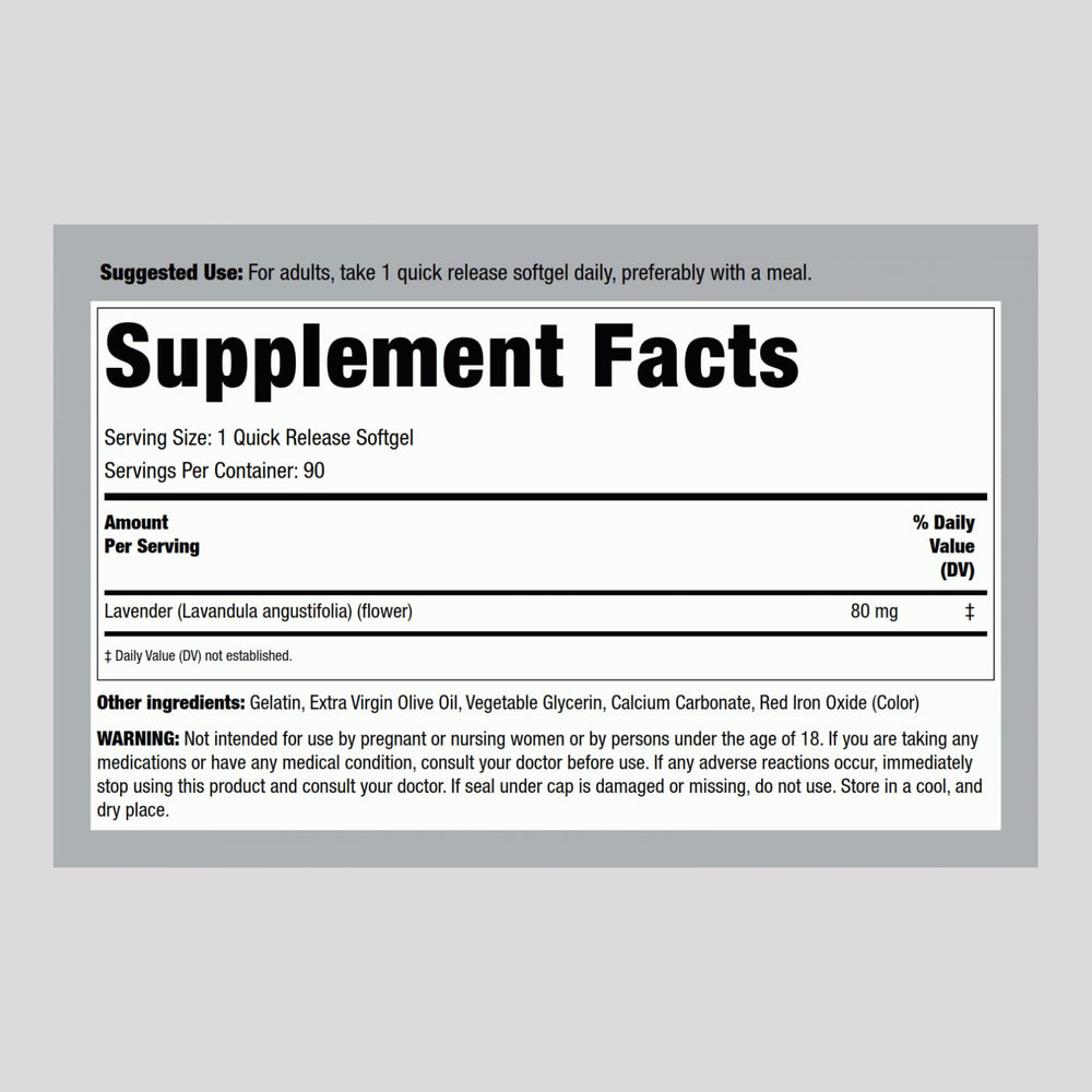 Piping Rock Lavender Calm Pill label displaying ingredients and purity notes