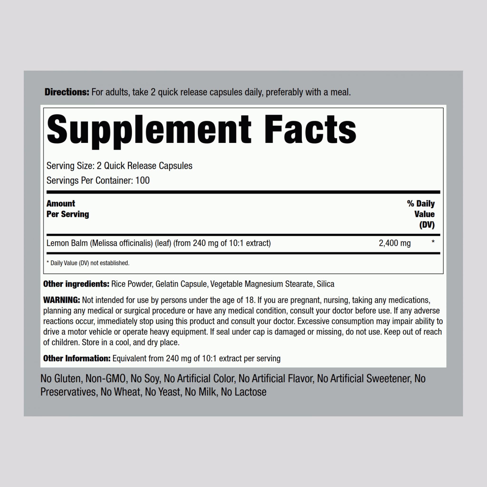 Piping Rock Lemon Balm Capsules quick-release design for easy swallowing.