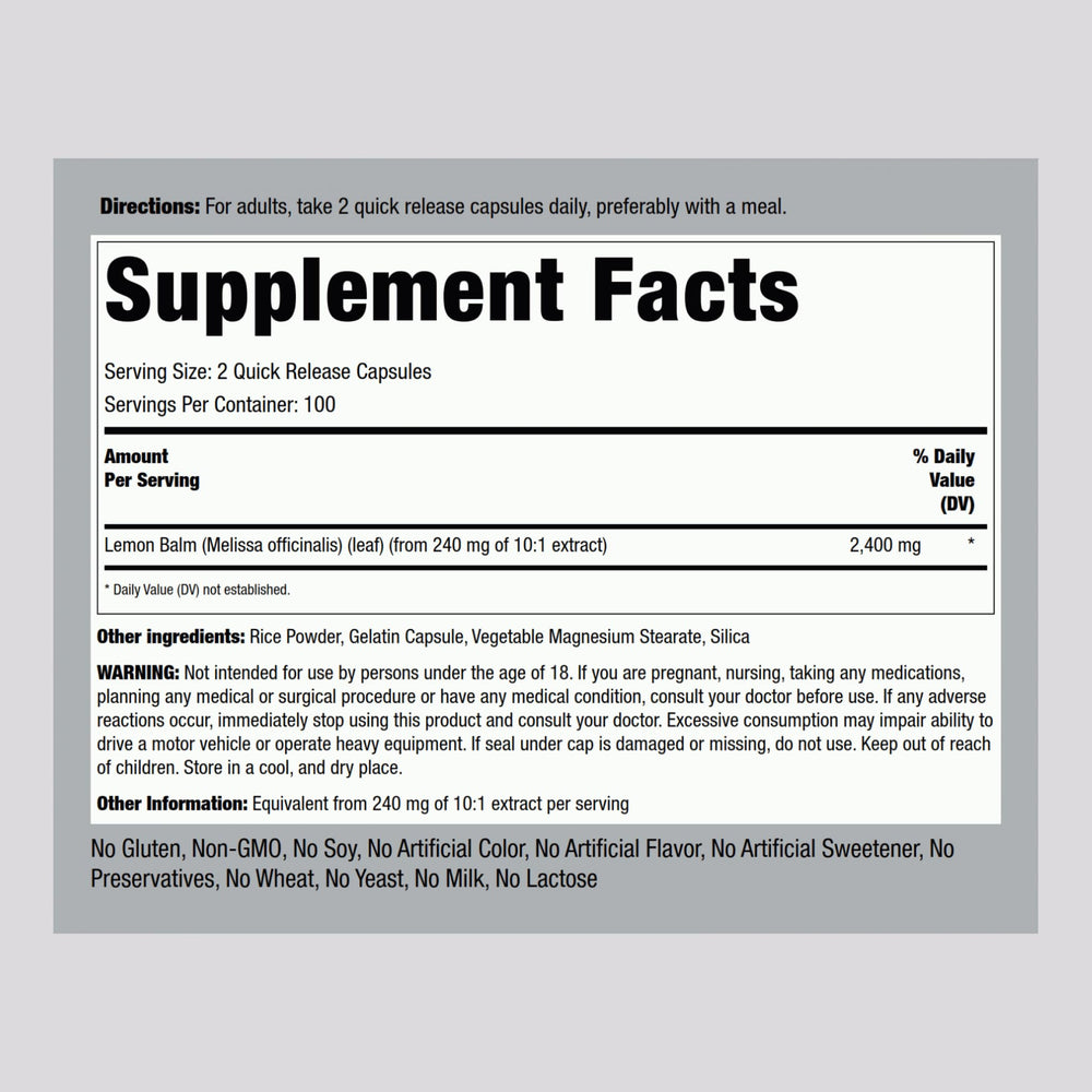 Piping Rock Lemon Balm Capsules quick-release design for easy swallowing.