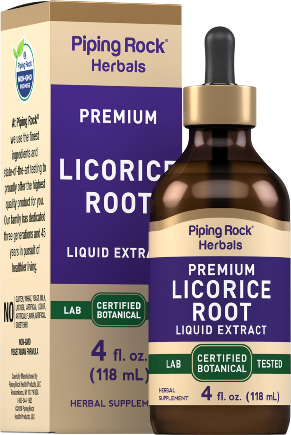 Piping Rock licorice root extract tincture bottle, gluten-free herbal supplement option.
