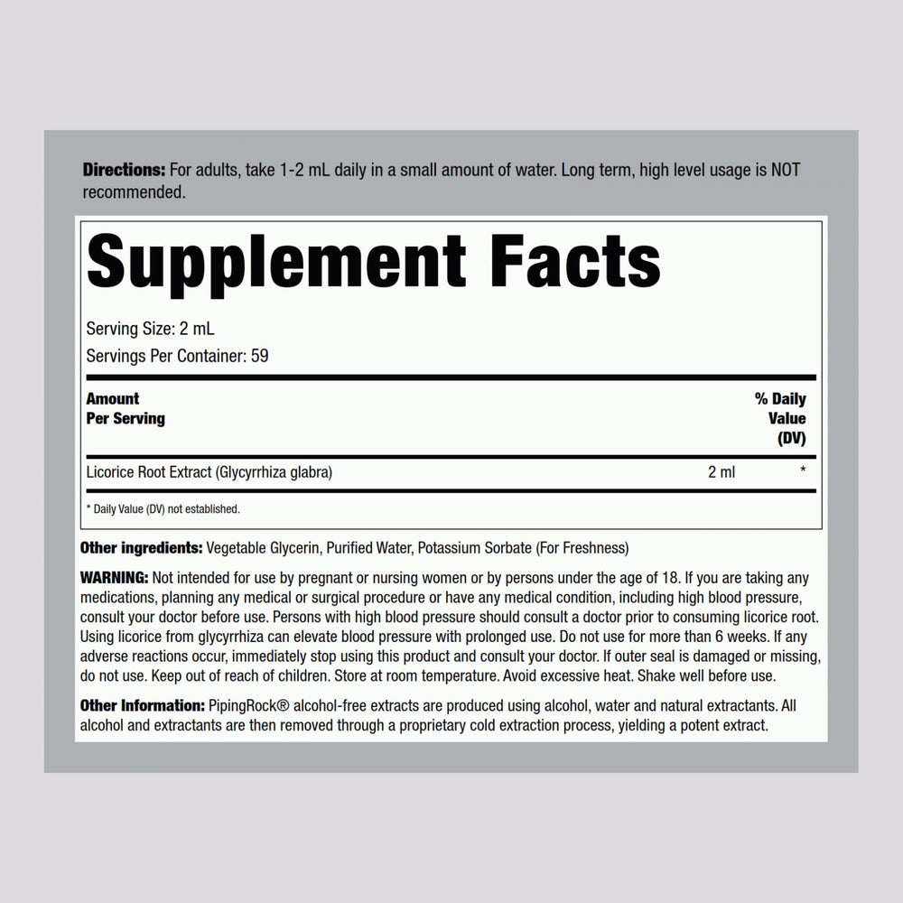 Piping Rock licorice root extract tincture dropper for precise dosing.