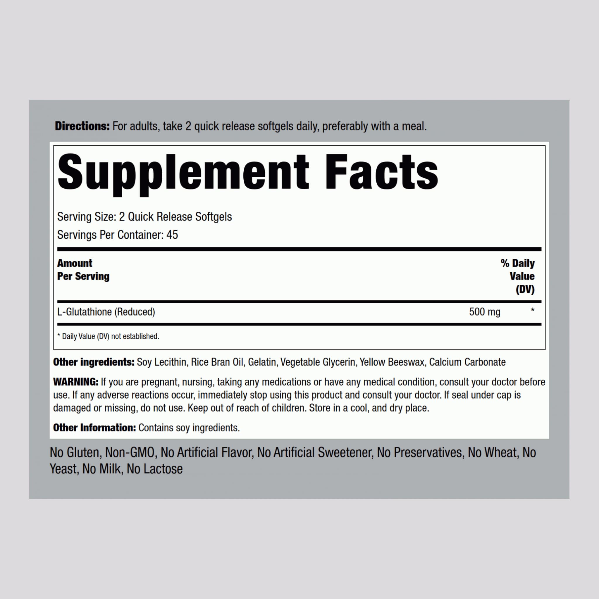 Piping Rock Liposomal Glutathione 500mg bottle front view highlighting non-GMO formulation.