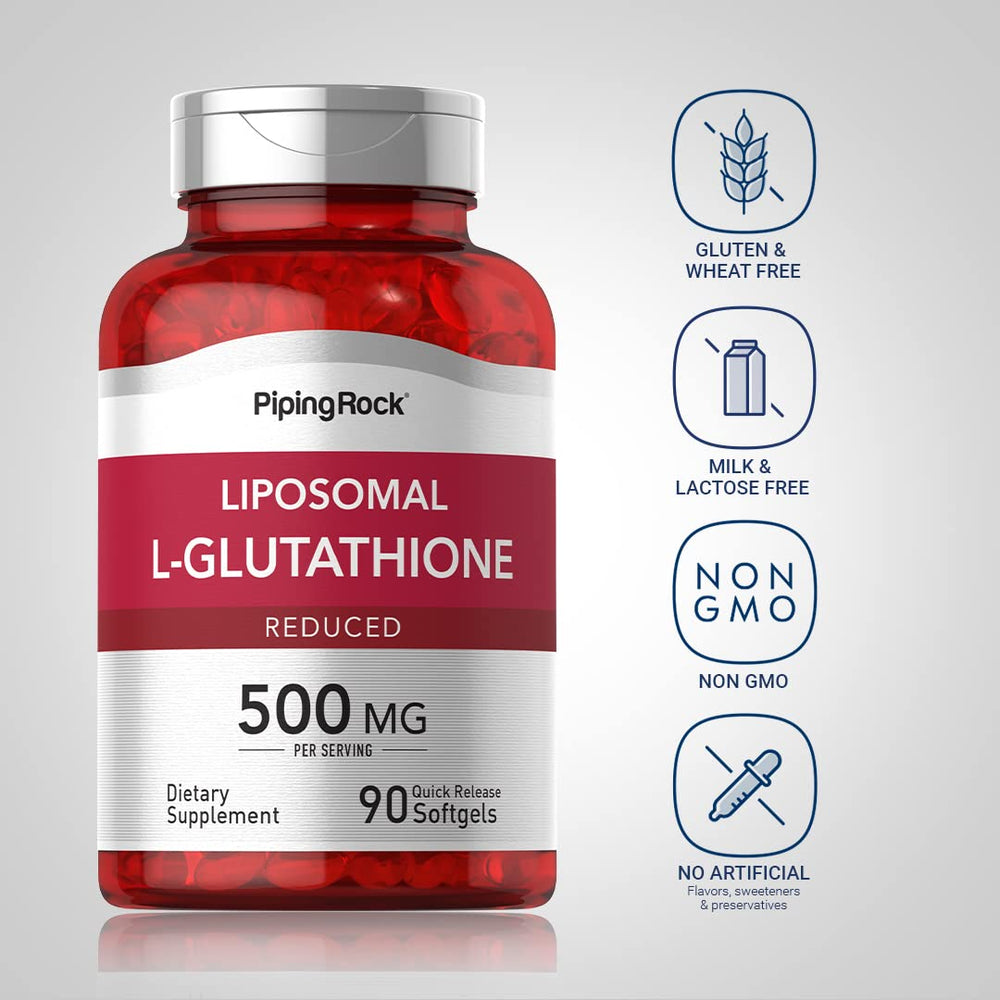 Piping Rock Liposomal Glutathione label detail highlighting non-GMO and gluten-free attributes