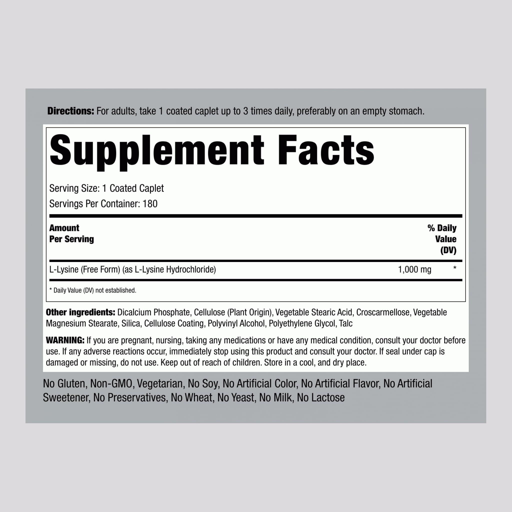 Piping Rock L-Lysine 1000mg coated caplets for smooth daily use