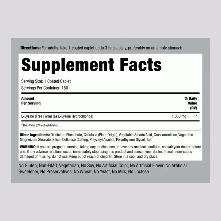 Piping Rock L-Lysine 1000mg coated caplets for smooth daily use
