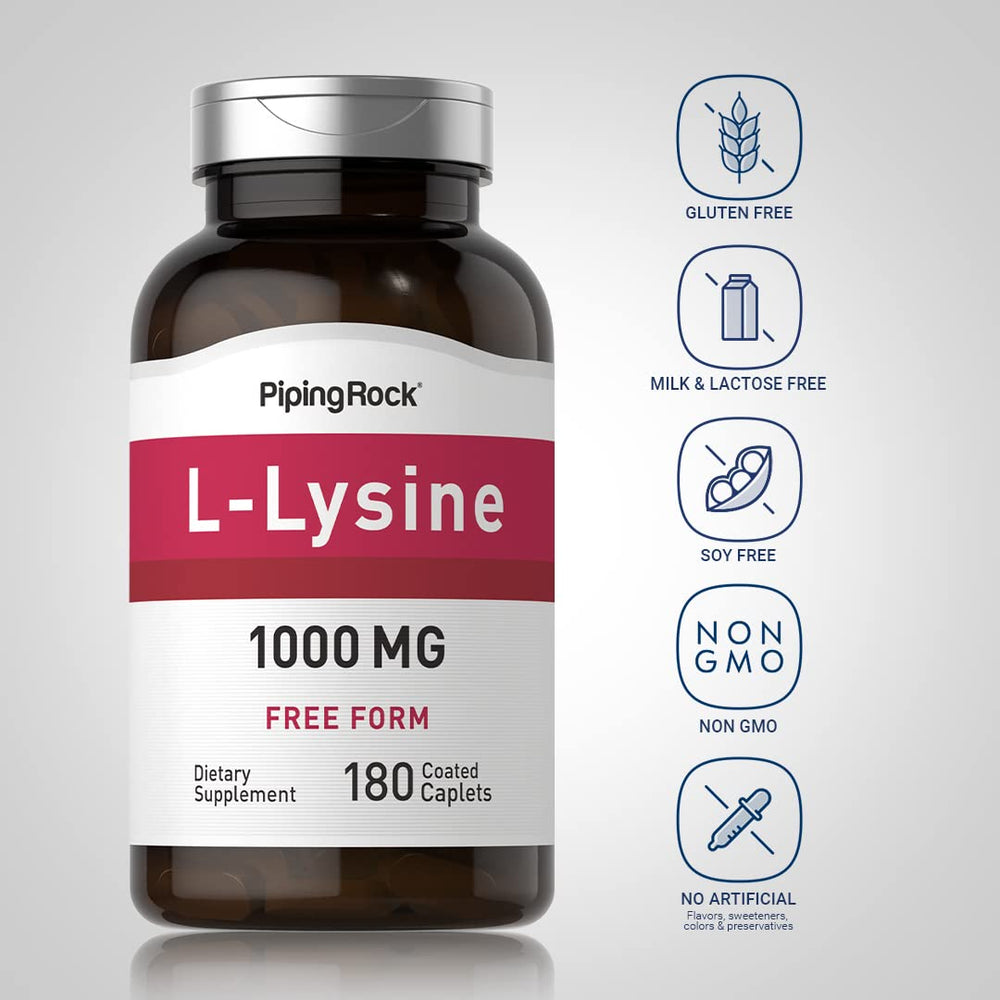 Piping Rock L-Lysine 1000mg coated caplets in a convenient design