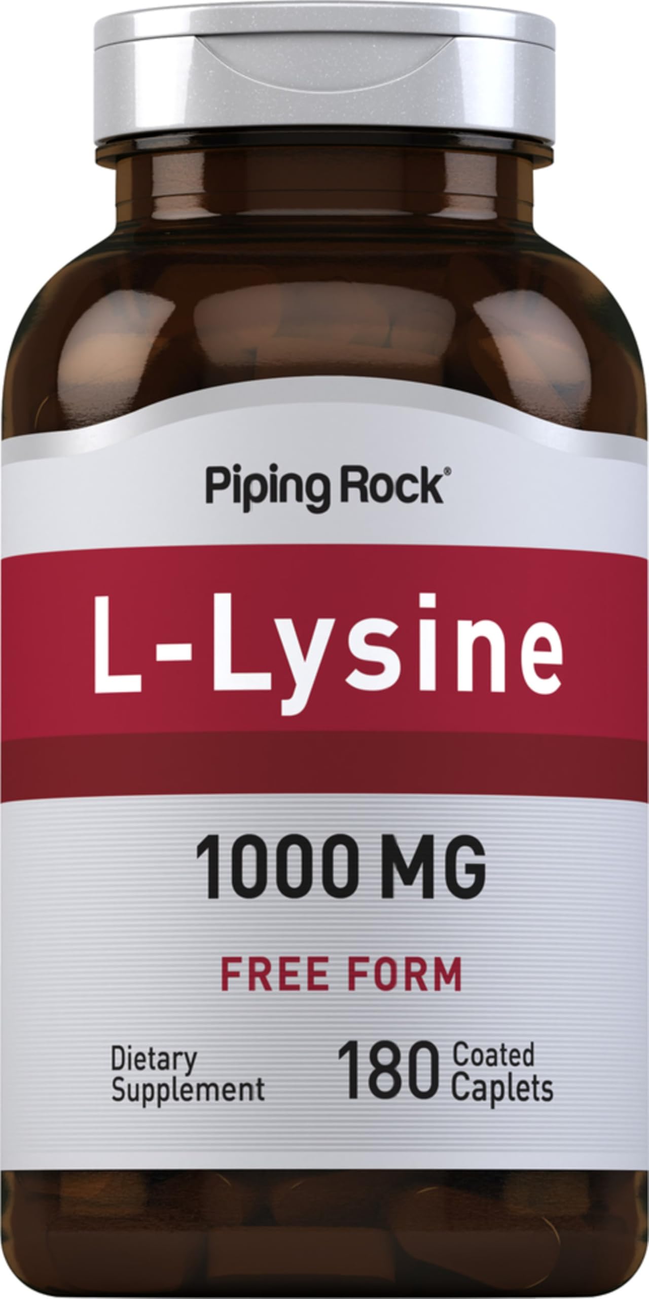 Piping Rock L-Lysine caplets bottle cap close-up shows easy-to-swallow coated tablets.