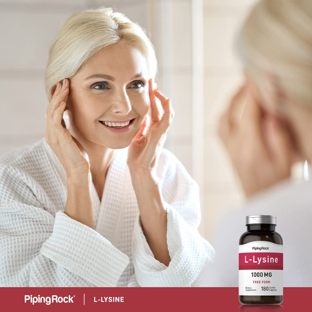 Piping Rock L-Lysine bottle pouring capsules demonstrates convenient daily use.