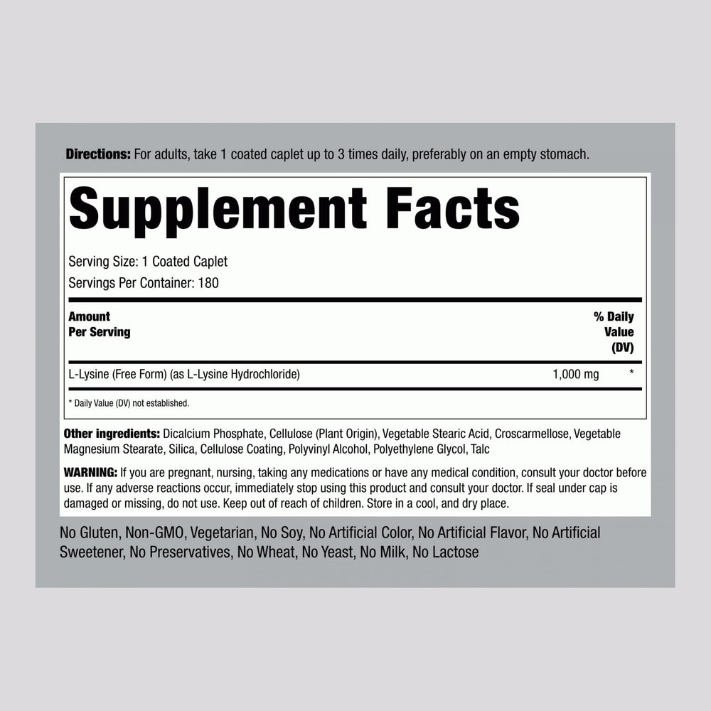 Piping Rock L-Lysine caplets box label detail emphasizing free-form hydrochloride form.