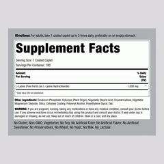 Piping Rock L-Lysine caplets box label detail emphasizing free-form hydrochloride form.