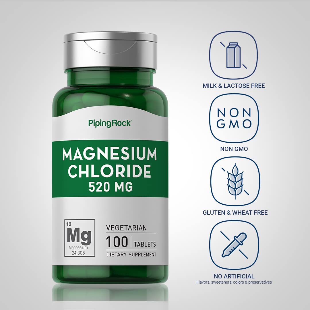 Back label of Piping Rock magnesium chloride bottle with ingredients and non-GMO information.