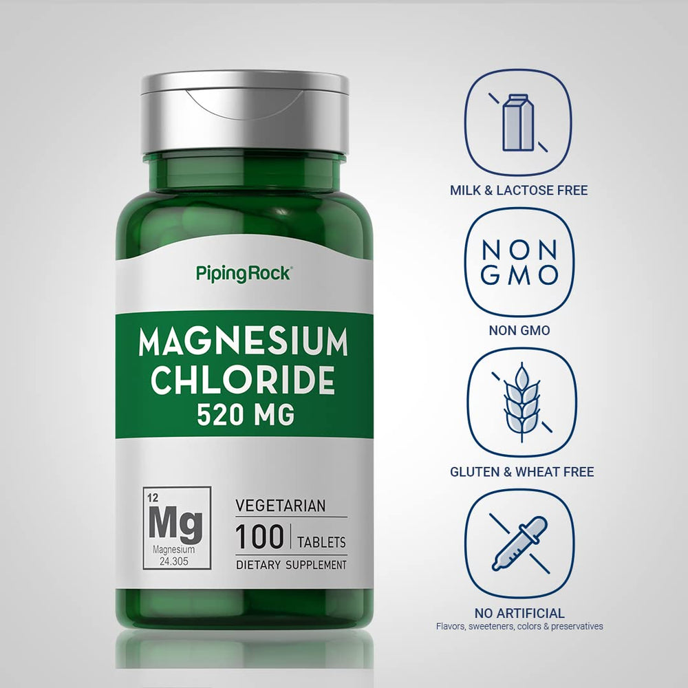 Back label of Piping Rock magnesium chloride bottle with ingredients and non-GMO information.
