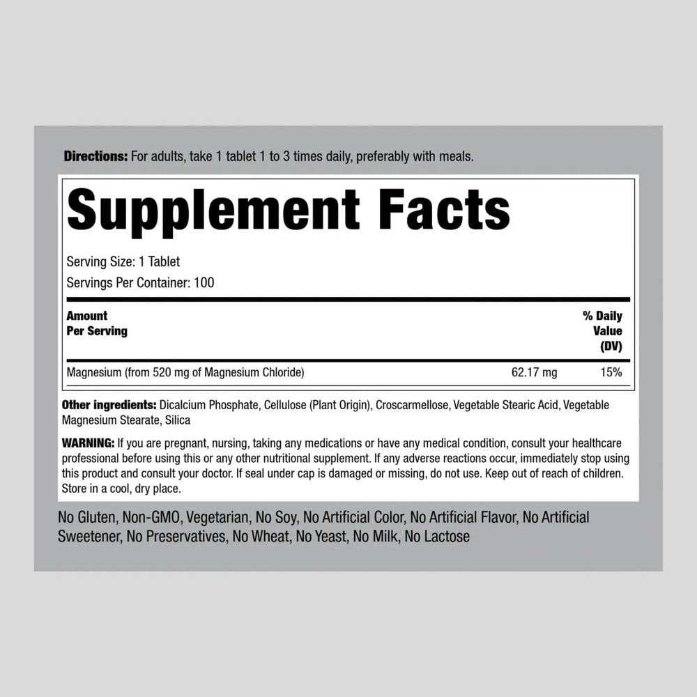Front view of Piping Rock magnesium chloride bottle showing 520 mg dosage.