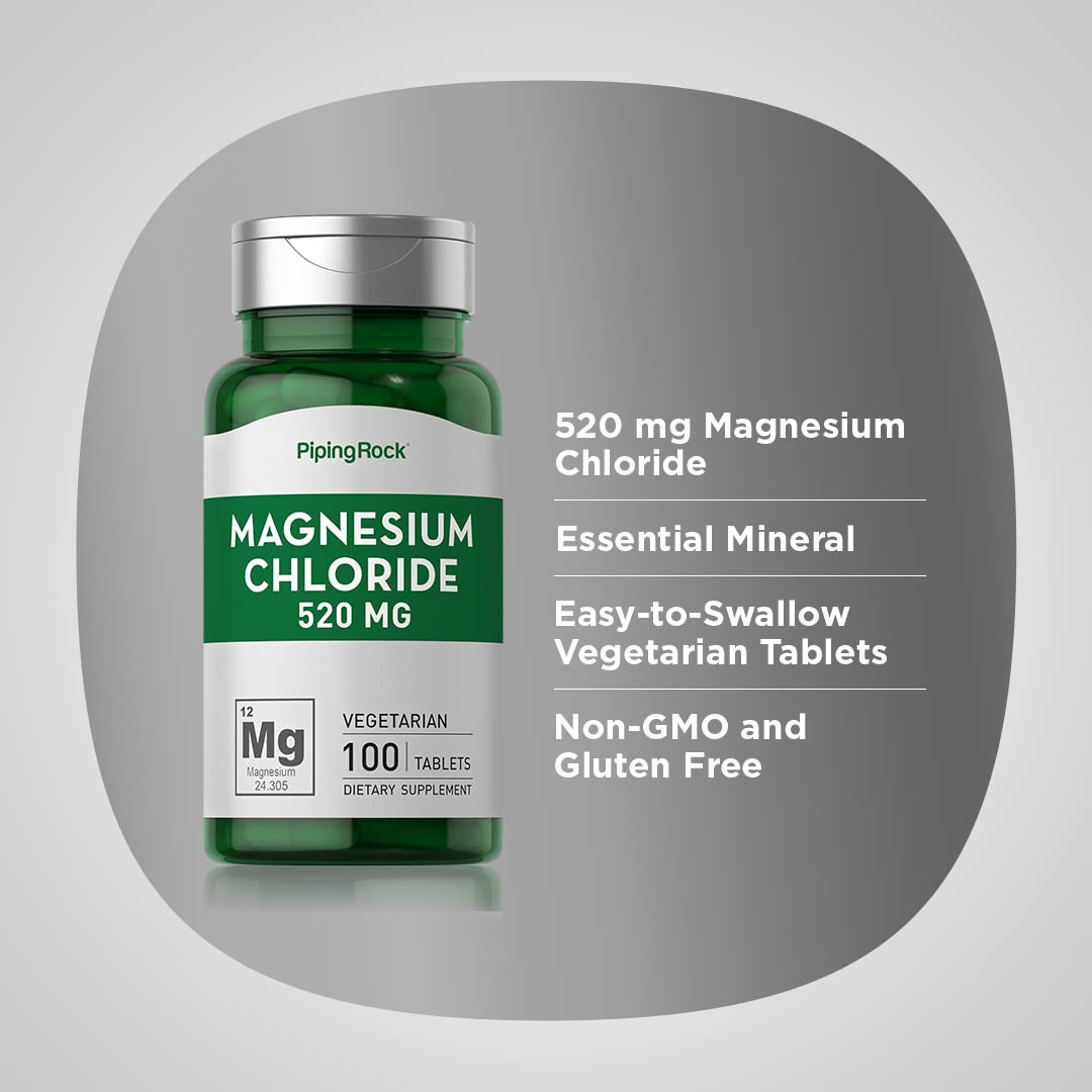 Close-up of Piping Rock magnesium chloride tablets highlighting easy-to-swallow form.